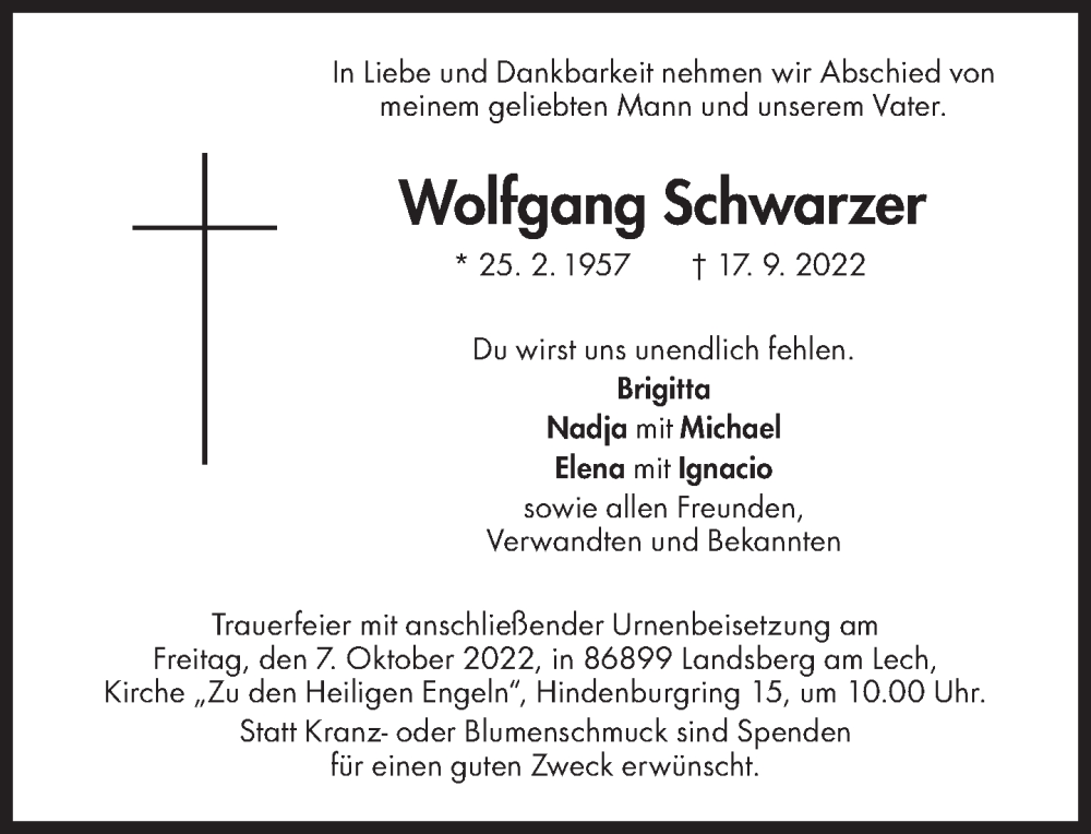  Traueranzeige für Wolfgang Schwarzer vom 24.09.2022 aus Süddeutsche Zeitung