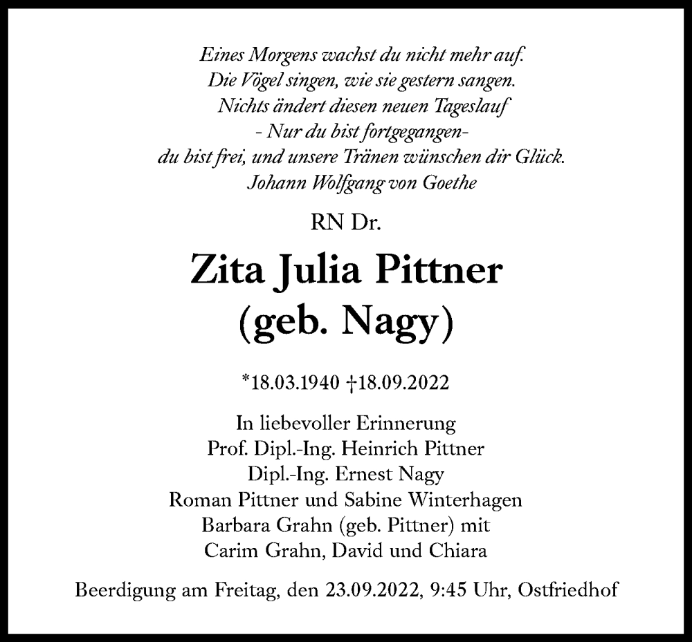  Traueranzeige für Zita Julia Pittner vom 22.09.2022 aus Süddeutsche Zeitung