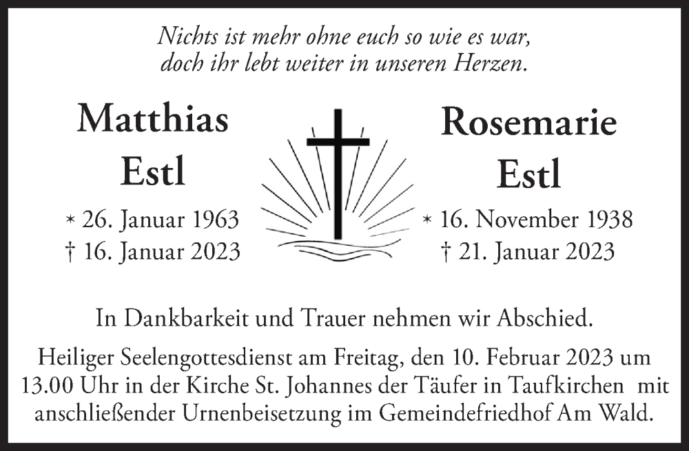  Traueranzeige für Rosemarie Estl vom 28.01.2023 aus Süddeutsche Zeitung