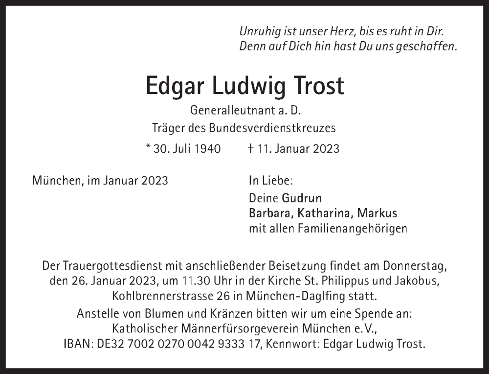  Traueranzeige für Edgar Ludwig Trost vom 21.01.2023 aus Süddeutsche Zeitung