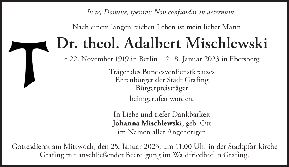 Traueranzeige für Adalbert Mischlewski vom 21.01.2023 aus Süddeutsche Zeitung