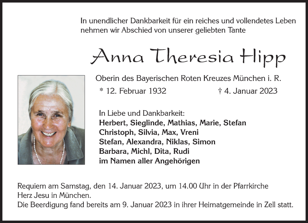  Traueranzeige für Anna Theresia Hipp vom 10.01.2023 aus Süddeutsche Zeitung