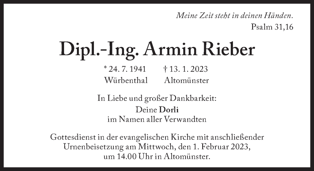  Traueranzeige für Armin Rieber vom 25.01.2023 aus Süddeutsche Zeitung