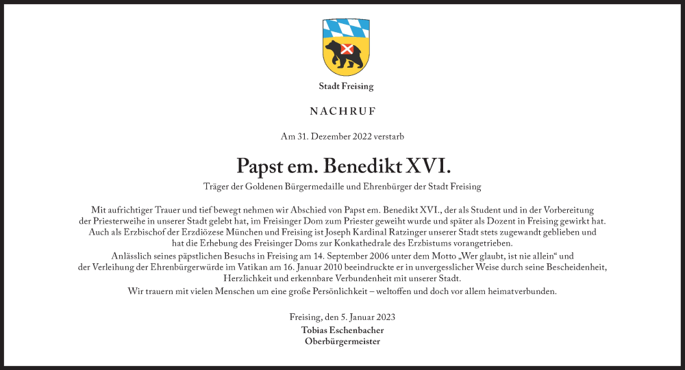  Traueranzeige für Papst em. Benedikt XVI. vom 05.01.2023 aus Süddeutsche Zeitung