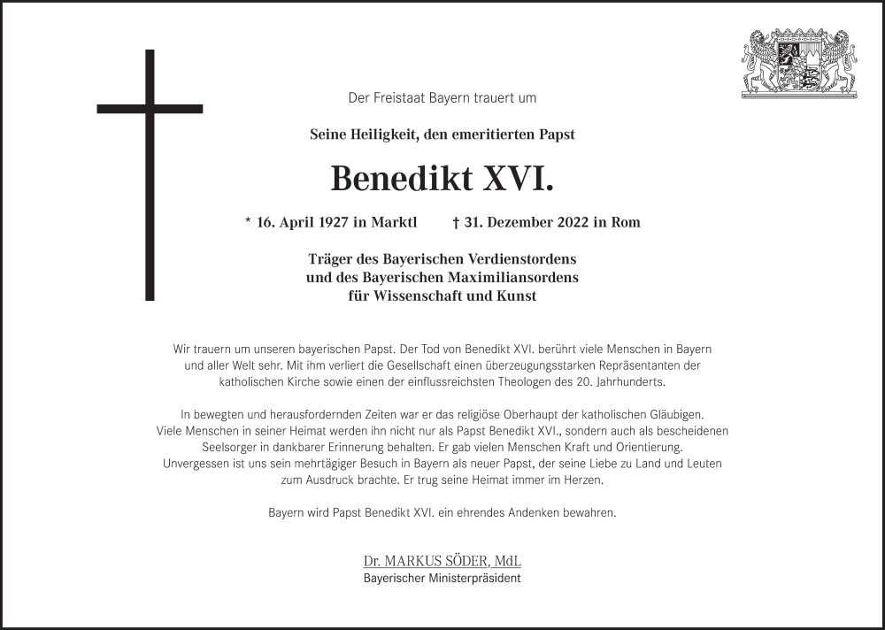  Traueranzeige für Papst em. Benedikt XVI. vom 07.01.2023 aus Süddeutsche Zeitung