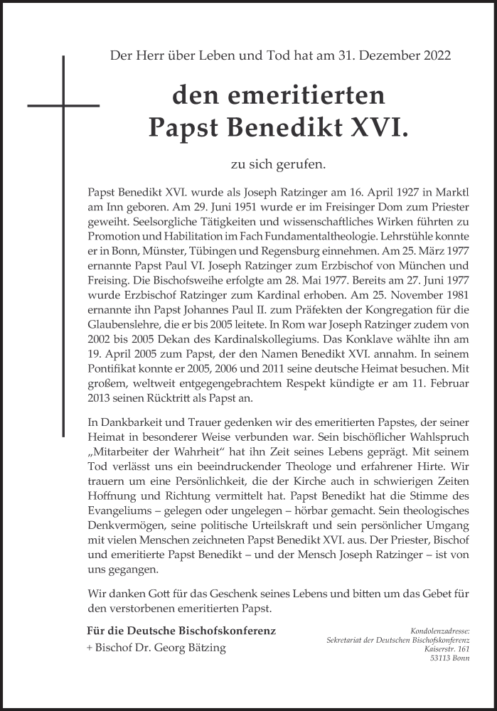  Traueranzeige für Papst em. Benedikt XVI. vom 03.01.2023 aus Süddeutsche Zeitung