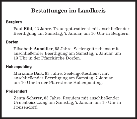 Traueranzeige von Bestattungen vom 07.01.2023 von Süddeutsche Zeitung