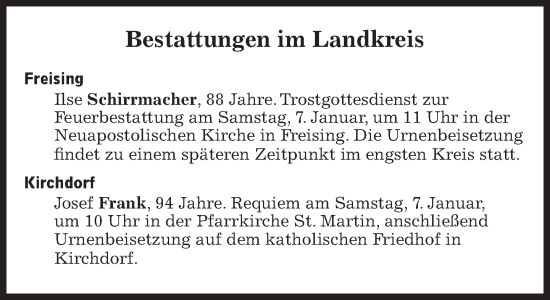 Traueranzeige von Bestattungen vom 07.01.2023 von Süddeutsche Zeitung