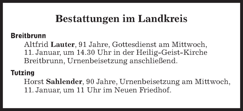  Traueranzeige für Bestattungen vom 11.01.2023 vom 11.01.2023 aus Süddeutsche Zeitung