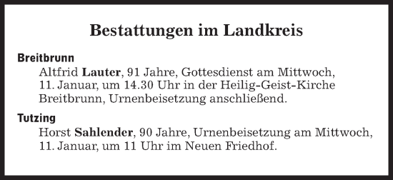 Traueranzeige von Bestattungen vom 11.01.2023 von Süddeutsche Zeitung
