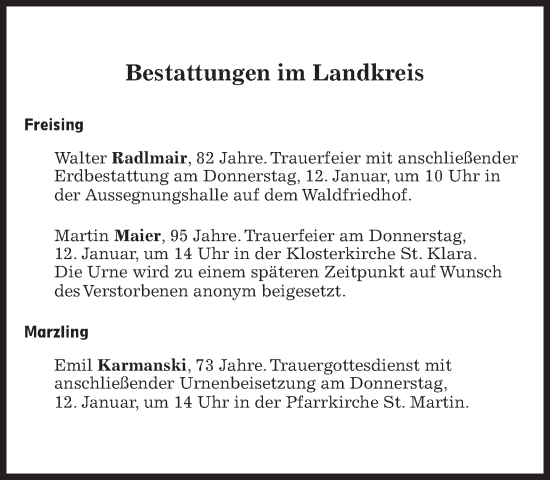 Traueranzeige von Bestattungen vom 12.01.2023 von Süddeutsche Zeitung