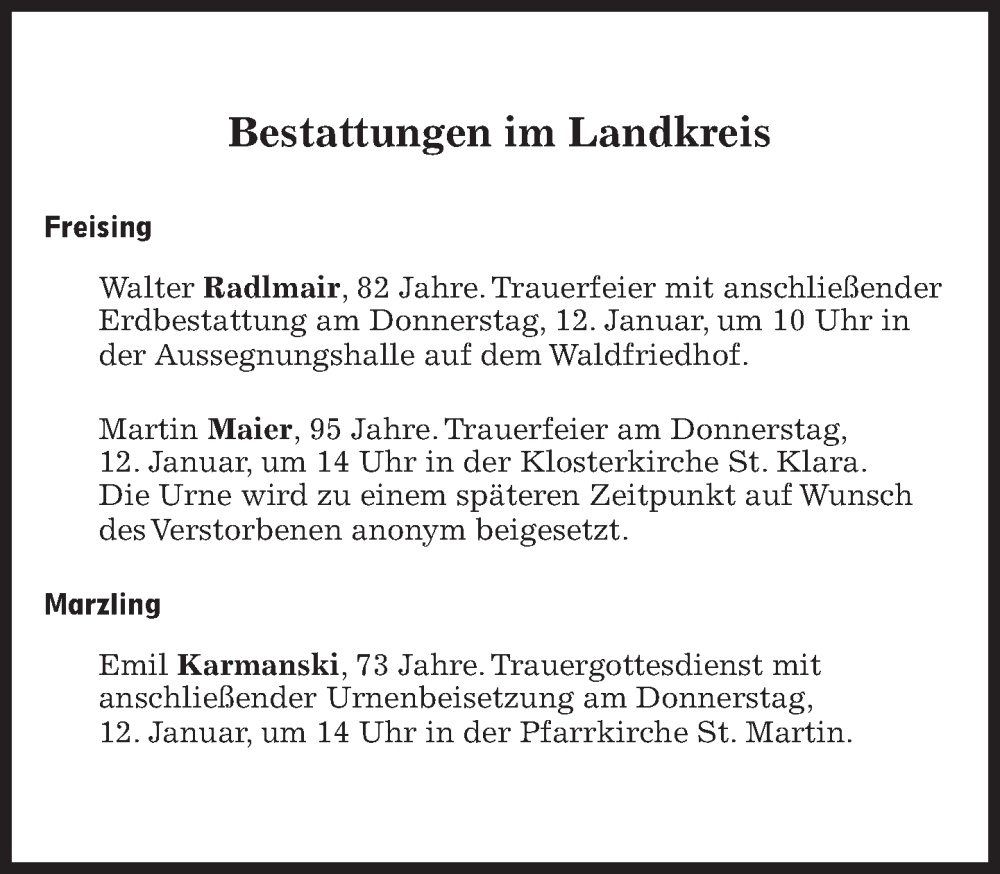  Traueranzeige für Bestattungen vom 12.01.2023 vom 12.01.2023 aus Süddeutsche Zeitung