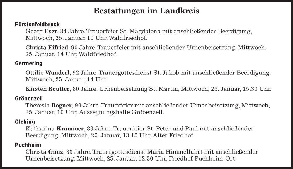  Traueranzeige für Bestattungen vom 25.01.2023 vom 25.01.2023 aus Süddeutsche Zeitung