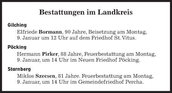 Traueranzeige von Bestattungskalender vom 09.01.2023 von Süddeutsche Zeitung