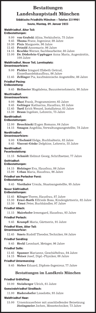 Traueranzeige von Bestattungskalender vom 09.01.2023 von Süddeutsche Zeitung