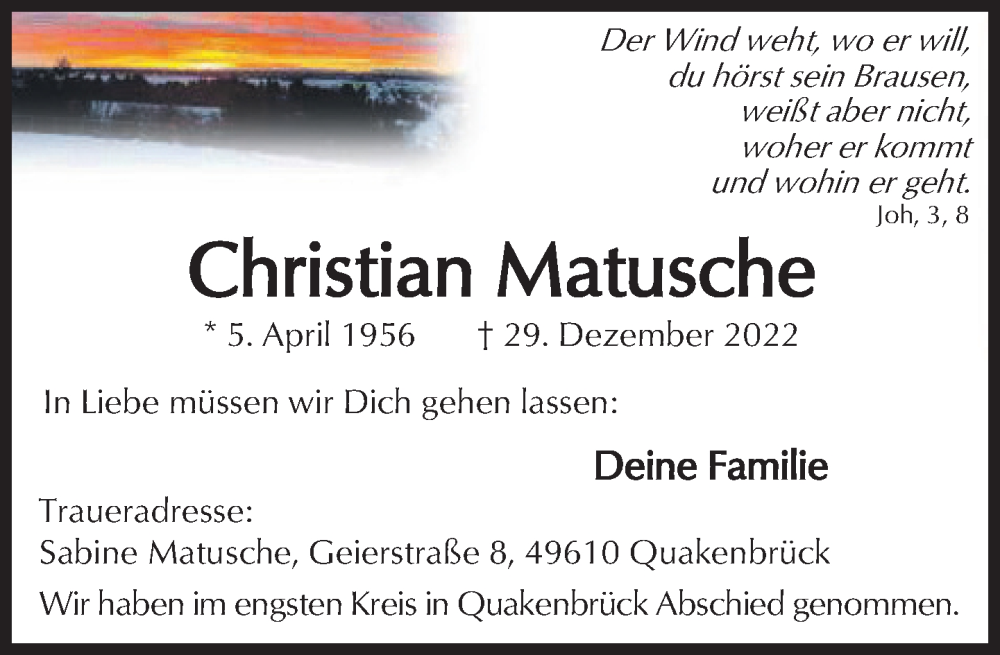  Traueranzeige für Christian Matusche vom 21.01.2023 aus Süddeutsche Zeitung