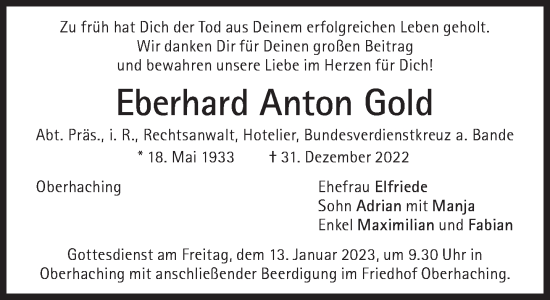 Traueranzeige von Eberhard Anton Gold von Süddeutsche Zeitung