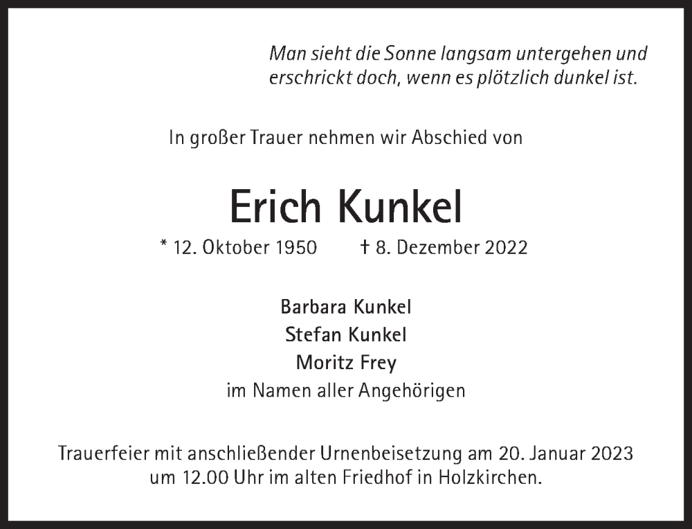  Traueranzeige für Erich Kunkel vom 14.01.2023 aus Süddeutsche Zeitung