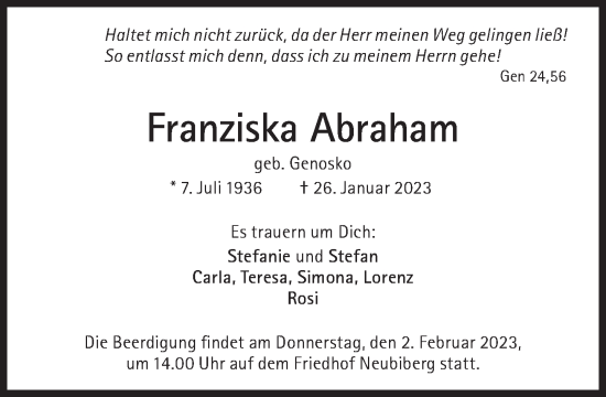Traueranzeige von Franziska Abraham von Süddeutsche Zeitung