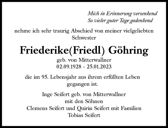 Traueranzeige von Friederike Göhring von Süddeutsche Zeitung