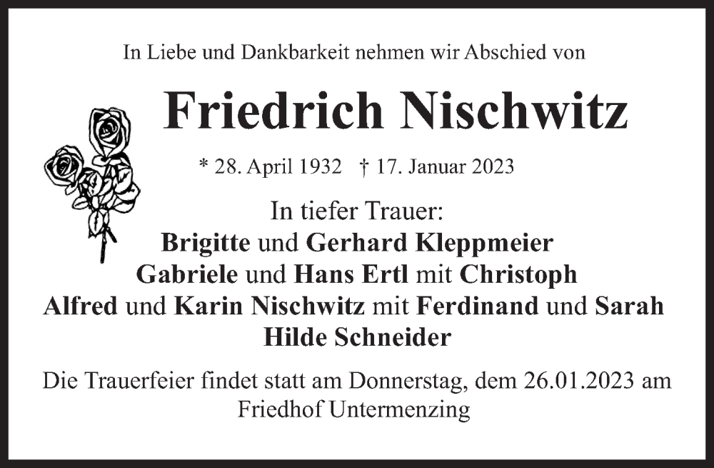  Traueranzeige für Friedrich Nischwitz vom 21.01.2023 aus Süddeutsche Zeitung