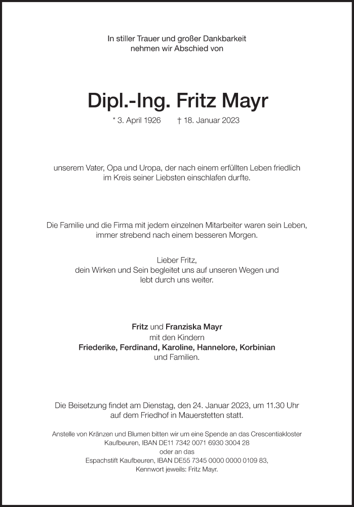  Traueranzeige für Fritz Mayr vom 21.01.2023 aus Süddeutsche Zeitung