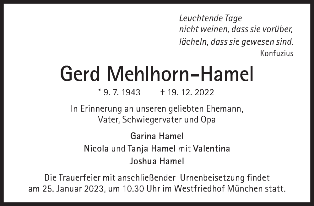  Traueranzeige für Gerd Mehlhorn-Hamel vom 14.01.2023 aus Süddeutsche Zeitung