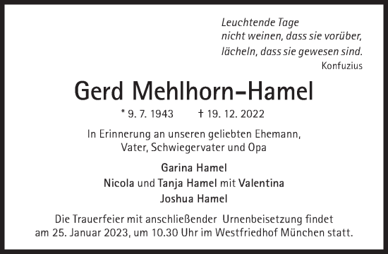 Traueranzeige von Gerd Mehlhorn-Hamel von Süddeutsche Zeitung