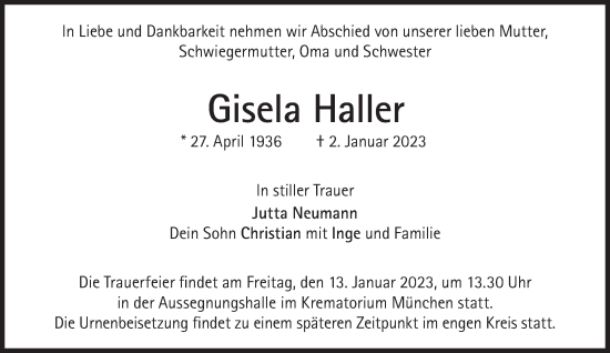 Traueranzeige von Gisela Haller von Süddeutsche Zeitung