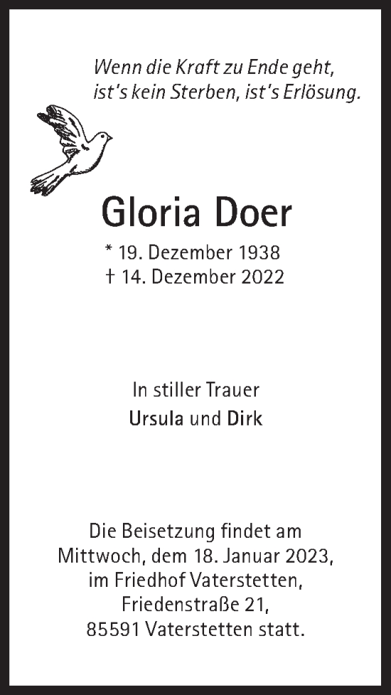 Traueranzeige von Gloria Doer von Süddeutsche Zeitung