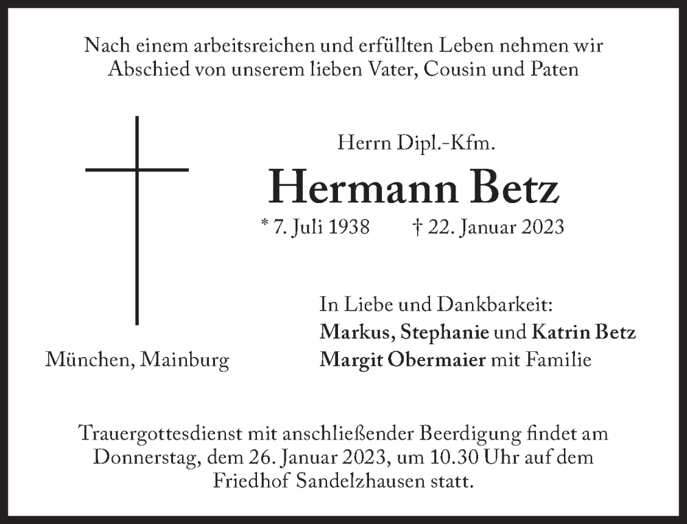  Traueranzeige für Hermann Betz vom 24.01.2023 aus Süddeutsche Zeitung