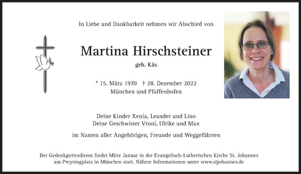  Traueranzeige für Hirschsteiner Martina vom 03.01.2023 aus Süddeutsche Zeitung