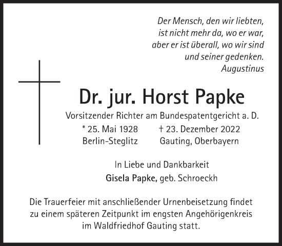Traueranzeige von Horst Papke von Süddeutsche Zeitung