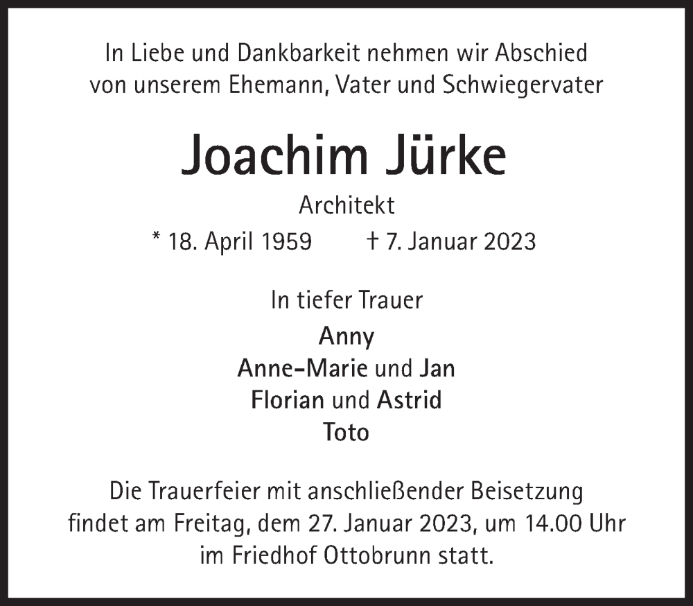  Traueranzeige für Joachim Jürke vom 21.01.2023 aus Süddeutsche Zeitung