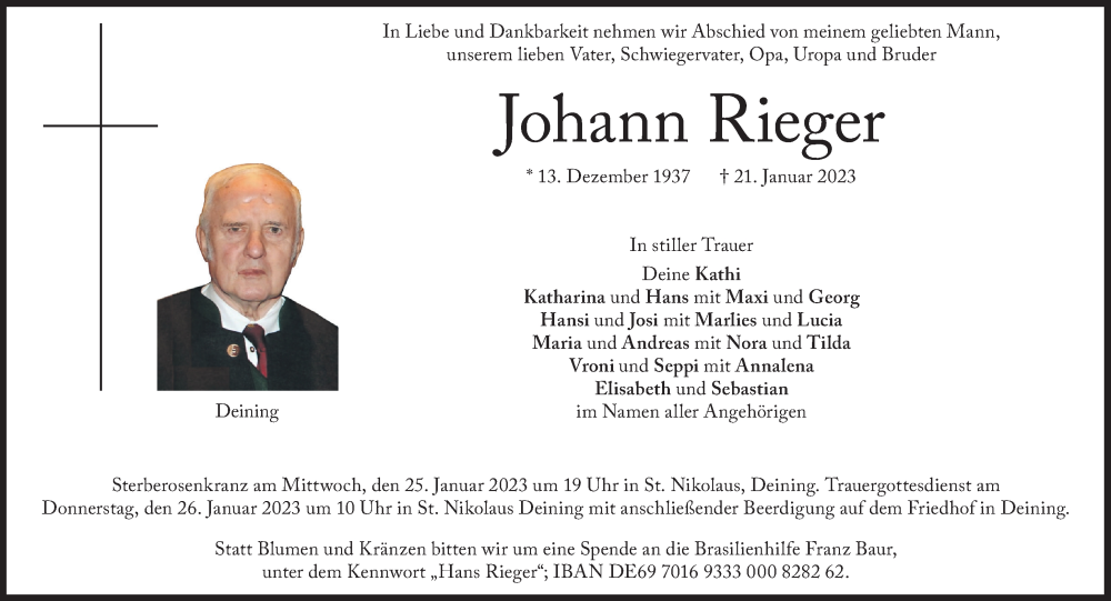  Traueranzeige für Johann Rieger vom 25.01.2023 aus Süddeutsche Zeitung