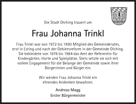 Traueranzeige von Johanna Trinkl von Süddeutsche Zeitung