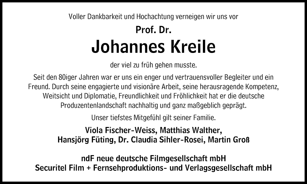  Traueranzeige für Johannes Kreile vom 14.01.2023 aus Süddeutsche Zeitung