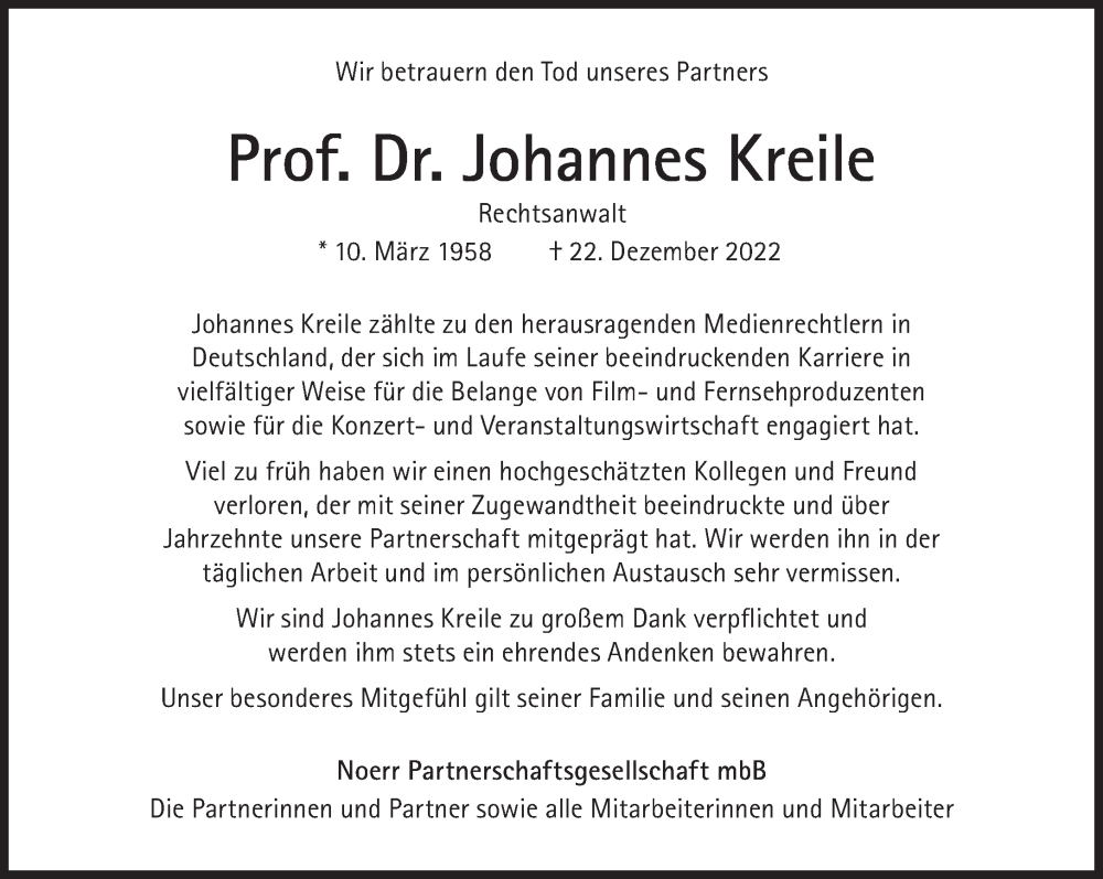  Traueranzeige für Johannes Kreile vom 14.01.2023 aus Süddeutsche Zeitung