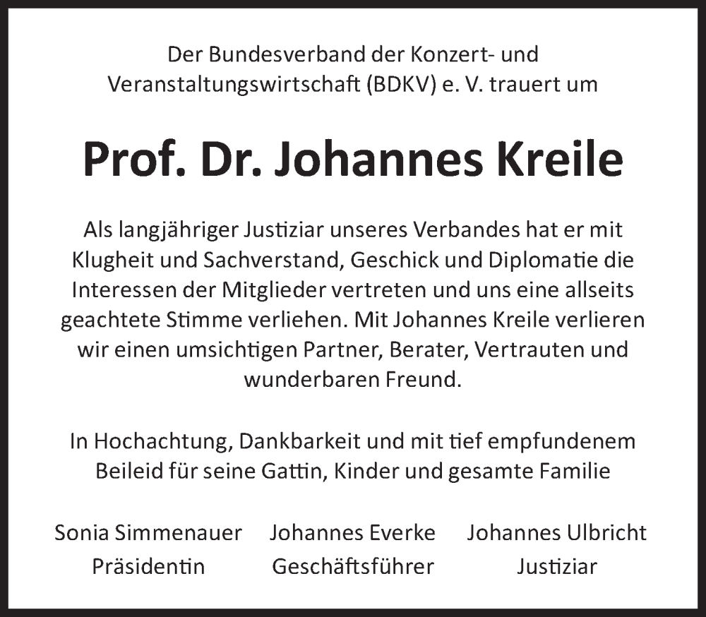  Traueranzeige für Johannes Kreile vom 14.01.2023 aus Süddeutsche Zeitung