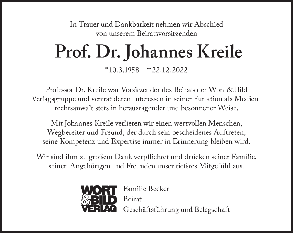  Traueranzeige für Johannes Kreile vom 14.01.2023 aus Süddeutsche Zeitung