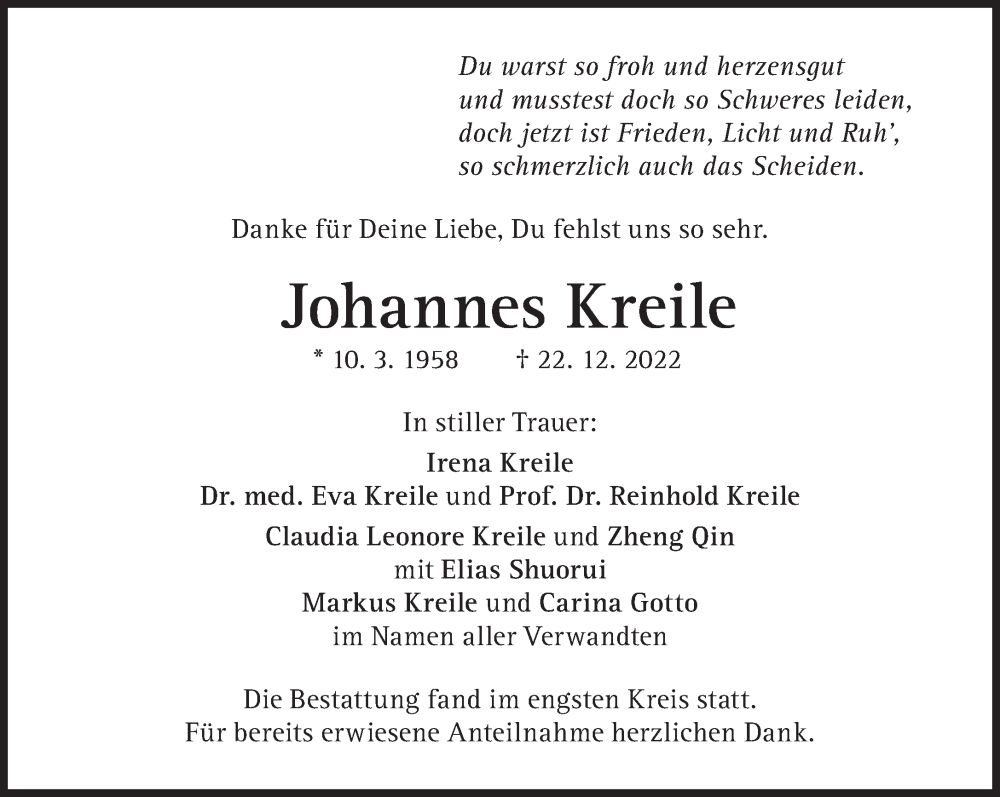  Traueranzeige für Johannes Kreile vom 14.01.2023 aus Süddeutsche Zeitung