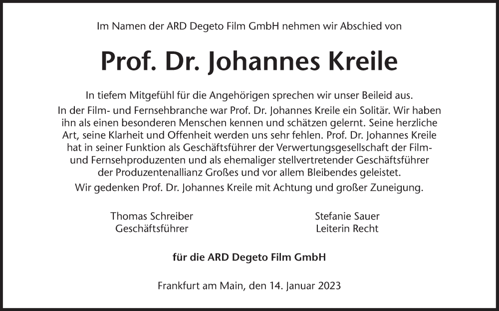  Traueranzeige für Johannes Kreile vom 14.01.2023 aus Süddeutsche Zeitung