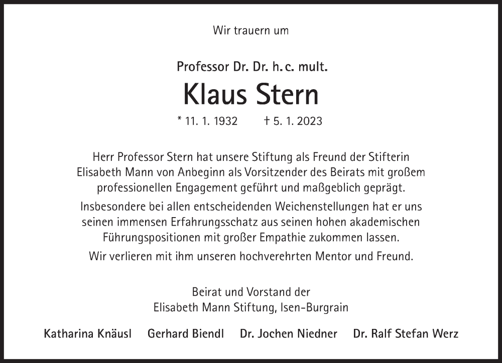  Traueranzeige für Klaus Stern vom 14.01.2023 aus Süddeutsche Zeitung