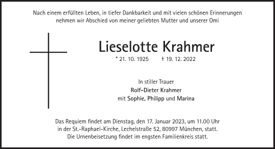 Traueranzeige von Lieselotte Krahmer von Süddeutsche Zeitung