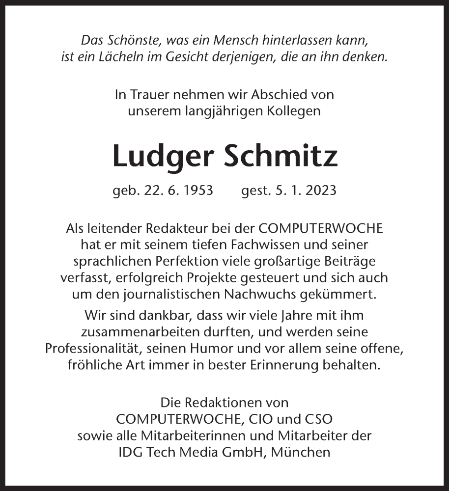  Traueranzeige für Ludger Schmitz vom 14.01.2023 aus Süddeutsche Zeitung