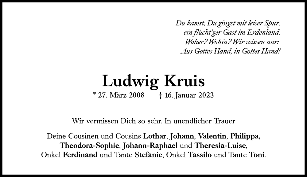  Traueranzeige für Ludwig Kruis vom 21.01.2023 aus Süddeutsche Zeitung