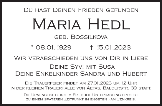 Traueranzeige von Maria Hedl von Süddeutsche Zeitung