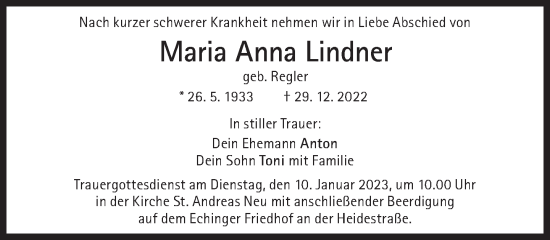 Traueranzeige von Maria Anna Lindner  von Süddeutsche Zeitung
