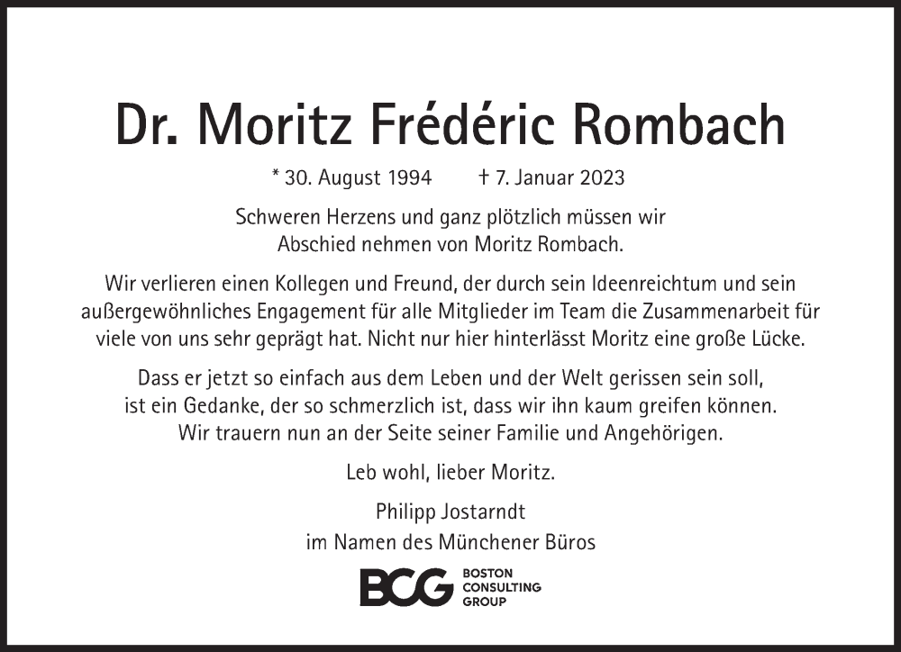  Traueranzeige für Moritz Frédéric Rombach vom 14.01.2023 aus Süddeutsche Zeitung