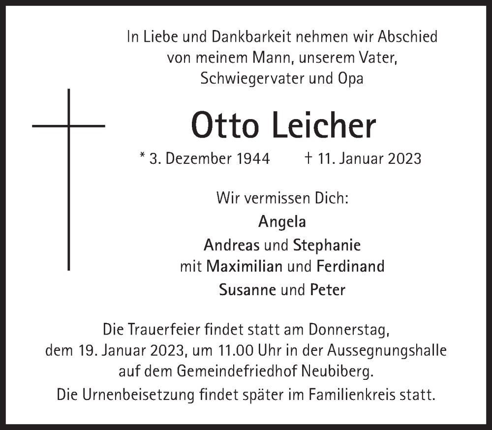  Traueranzeige für Otto Leicher vom 14.01.2023 aus Süddeutsche Zeitung